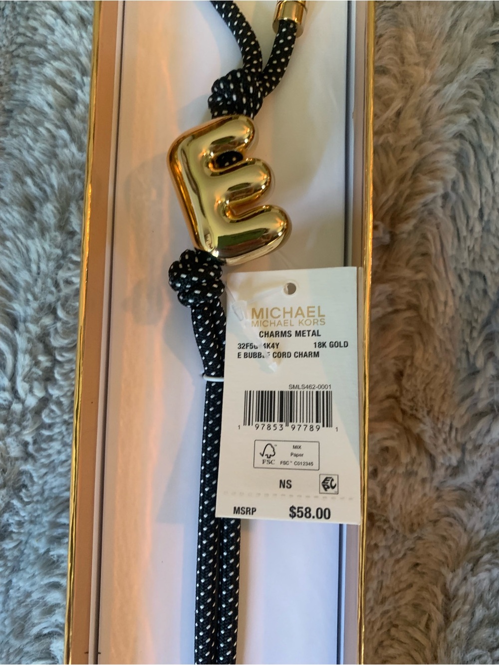 Michael Kors Initial “E”  Gold-Tone and Speckled Cord Bag Charm, NWT and Box - Picture 3 of 5